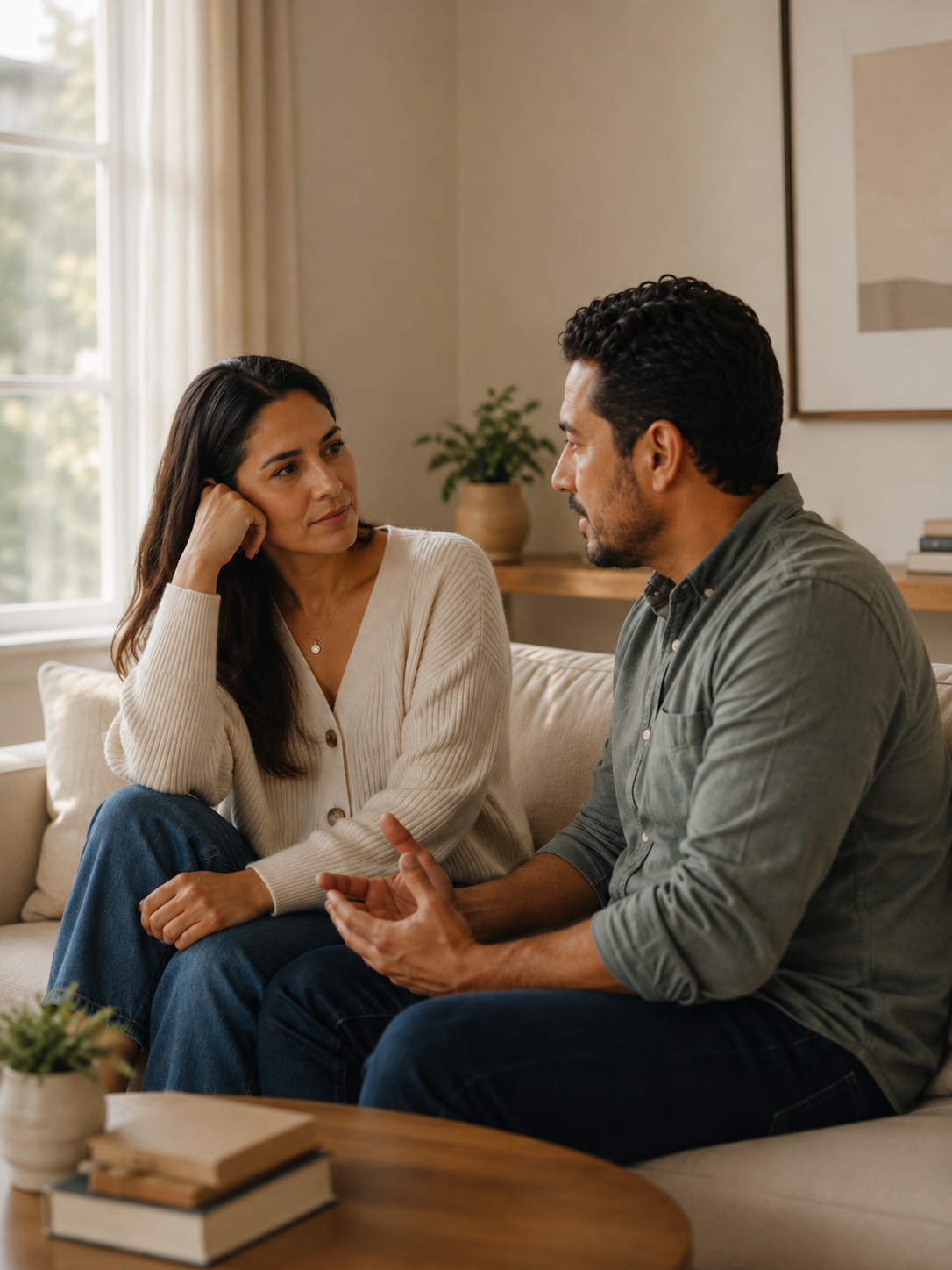 Pareja en un espacio de conversación serena y cercana